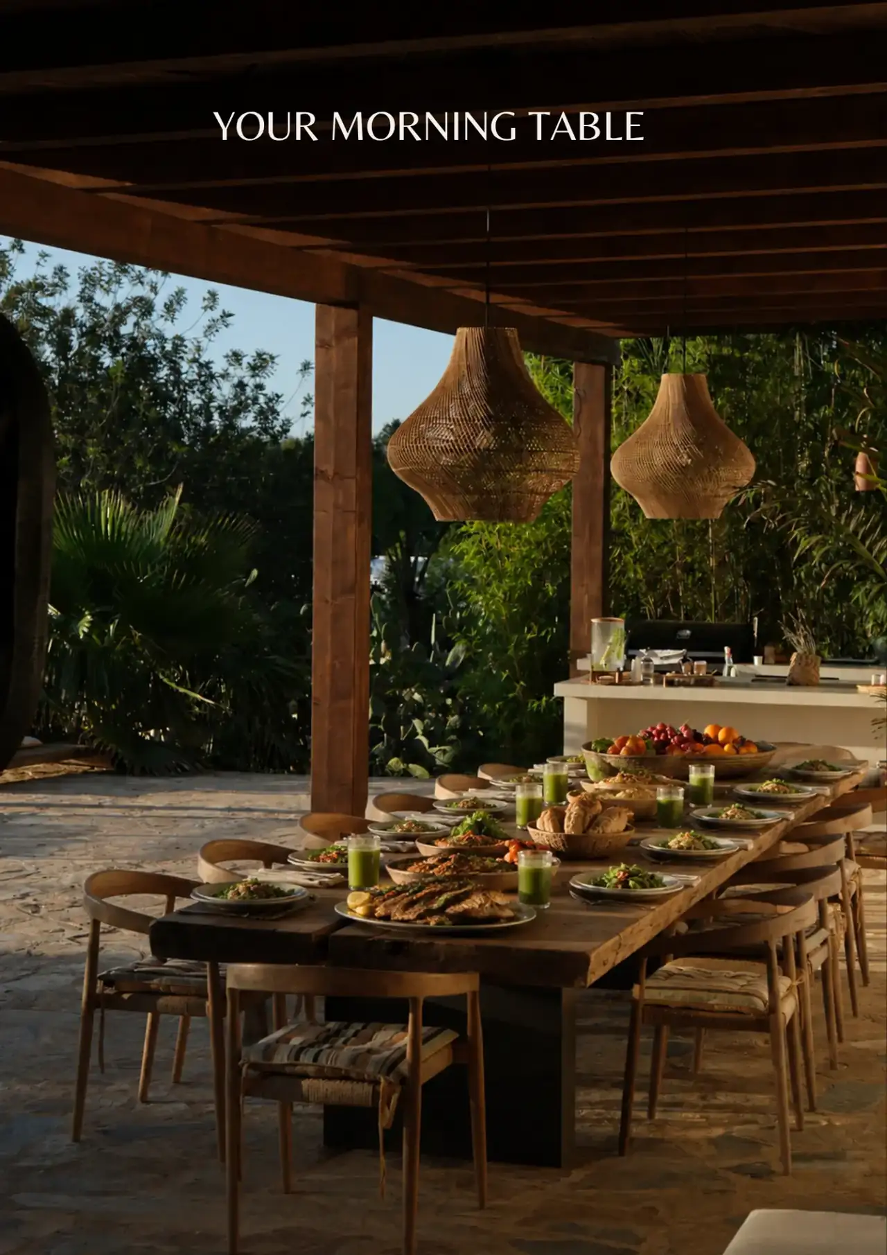 A long communal table laid for breakfast under a wooden pergola